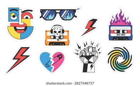 Collection of cool retro punk and rock stickers including lightning, cassette, skull, and broken heart.