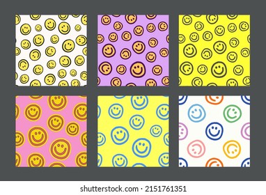 Colección De Patrones De Sonrisa Fría Smile Semaless Vecor Design. La moda Groovy Happy Hand Drawn Doodle Backdrop.