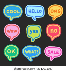 Collection Of Cool Speach Bubbles Stickers. Cartoon Style Comic Speak Cloud Vector Design.