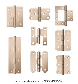 Collection of copper hinges for doors realistic vector illustration. Set of ironware various shapes with hole for fixing isolated on white. Brass equipment for architecture construction interior