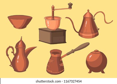 collection of copper utensils: tea pot, cezve, coffee grinder, pitcher, sugar, vintage postcard, vector set  isolated elements