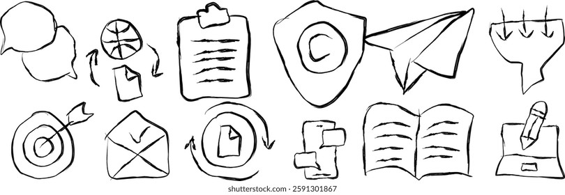 Collection of copyright line icons in doodle style .hand drawn icon Writer pen and typewriter for writing articles, magnet for attracting blog followers and feedback, new ideas for text thin black.