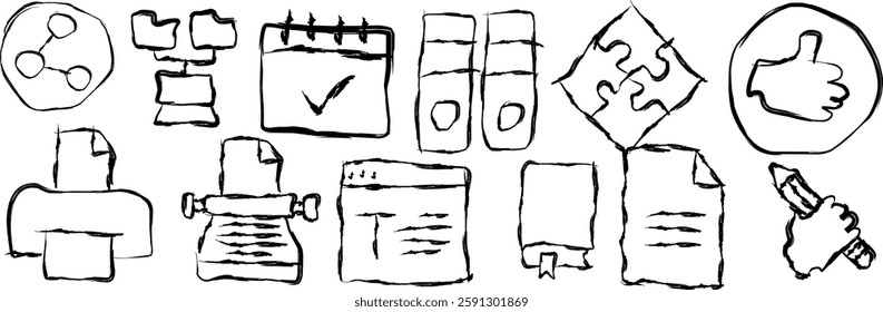 Collection of copyright line icons in doodle style .hand drawn icon Writer pen and typewriter for writing articles, magnet for attracting blog followers and feedback, new ideas for text thin black.
