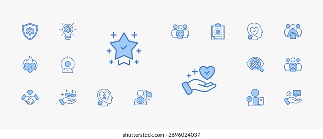 Una colección de los valores básicos de los iconos adecuados para el Web y la aplicación móvil. Conjunto de iconos de estilo azul de contorno con integridad, innovación, trabajo en equipo, excelencia y más iconos.