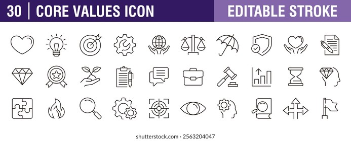 Collection of core values ​​icons. Performance, passion, innovation, empathy, care. Vector design template, signs, symbols, editable stroke.