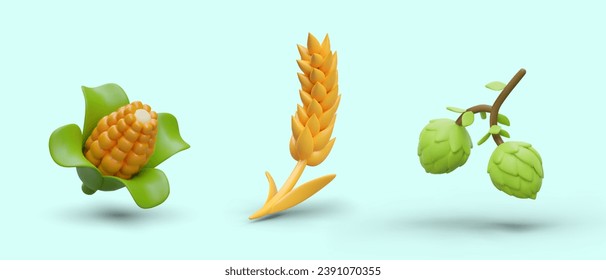 Collection with corn, wheat, and hop on blue background. Natural products for making drinks and flour. Vector illustration with blue background in 3d realistic style