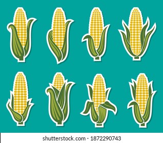 collection of corncob icons isolated on green background