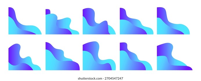 Coleção de formas de fluido de canto em vibrantes gradientes roxo e azul, projetado como bordas decorativas de canto em camadas com bordas orgânicas, onduladas