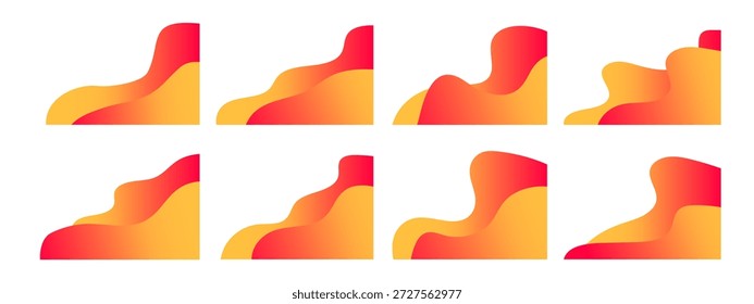 Collection of corner fluid shapes in vibrant orange and red gradients,  layered corner decorative borders with organic, wavy edges