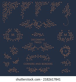 Collection of corners, borders, frames, monograms of decorative twigs.  Classic floral ornament. Graphic design pages.