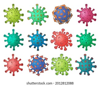 Sammlung eines Coronavirus. Farbige Viren und Bakterien einzeln auf weißem Hintergrund. Humane Viren, Keime, Mikroorganismen, Mikroben, flach gezeichnet.Covid 19-NCP.Coronavirus 2019.Vector.