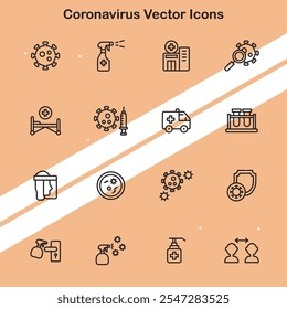 Colección de íconos de coronavirus que representan Elementos relacionados con la pandemia adecuados para temas de salud y conciencia.