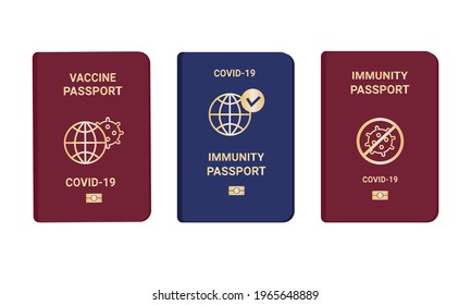 Collection coronavirus Immunity vaccine passports. Passport with mark of immunity and vaccination, set. Crossed out virus. Red and blue passport on white background. Vector flat illustration