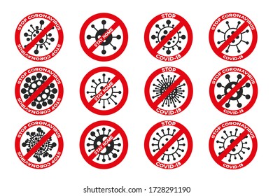 Collection of coronavirus, ncov, covid - 19 logos. Warning signs. Virus cartoon icons. Red stop symbols. Vector bacteria design. 