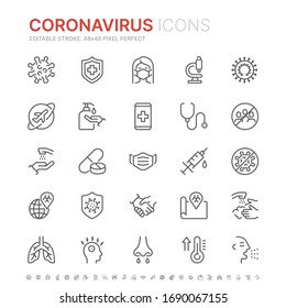 Collection of coronavirus related line icons. 48x48 Pixel Perfect. Editable stroke