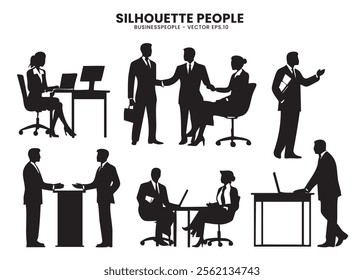 A collection of corporate business people silhouettes in various professional poses.