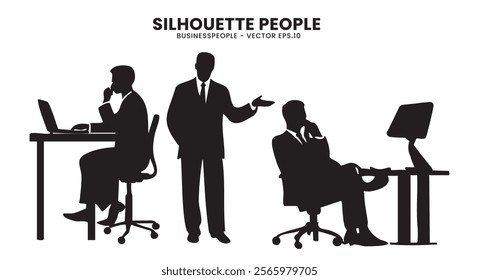 A collection of corporate business people silhouettes in various professional poses.