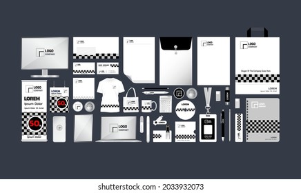 Collection of corporate identity branding templates with checkered design, black and white theme, vector illustration.