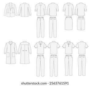 Collection of corporate uniform, manufacture, company business work wear, blazer, blouse, polo shirt, template mockup design