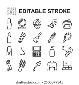 Collection of cosmetic and beauty icons. Made in thin line style. Contains icons such as make up tools, facial care, and so on.