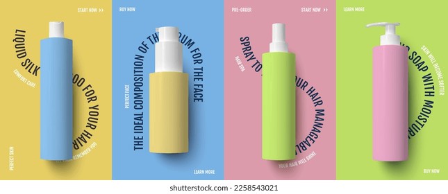 Collection of cosmetic colored plastic bottles of beauty packaging. Background concept of photorealistic vector image design illustration template eps