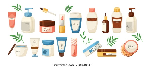 Collection of cosmetic containers and jars in flat style on white background. Vector illustration