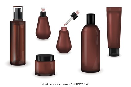 Collection of cosmetic empty tubes packaging with black plastic or metal silver cap on white background. Vector packages for cream. Blank containers template for cosmetic products design.