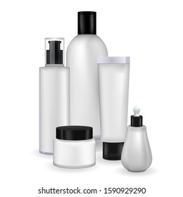 Collection of cosmetic empty tubes packaging with black plastic or metal silver cap on white background. Vector packages for cream. Blank containers template for cosmetic products design.