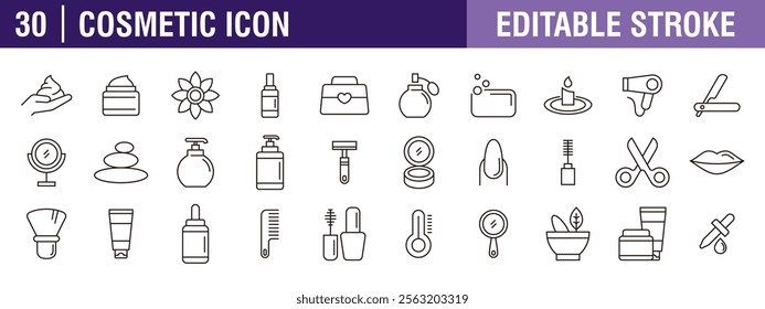 Collection of cosmetic icons. Beauty, lifestyle, skincare, products. Vector design template, signs, symbols, editable stroke.