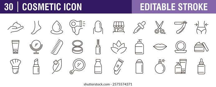 Collection of cosmetic icons. Cream, skincare, serum, acid, beauty, product. Vector design template, signs, symbols, editable stroke.