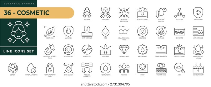 Una colección de iconos cosméticos con trazo editable, que incluye equilibrio, retención de humedad, limpieza de poros, anti edad, ácido, antioxidante, revitalizante, calmante. Ilustración vectorial lineal delgada