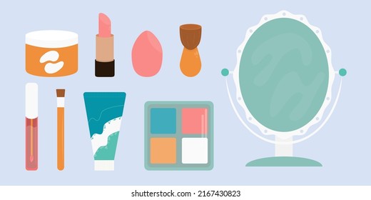 A collection of cosmetic items and a mirror. Mirror and products for makeup and skin care. Vector cosmetics set