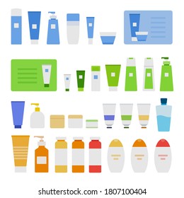 Collection of cosmetic jars, bottles, containers vector flat icon isolated