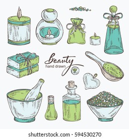 Collection of cosmetic and medical objects: essential oil, bath salt ,soap. hand drawn