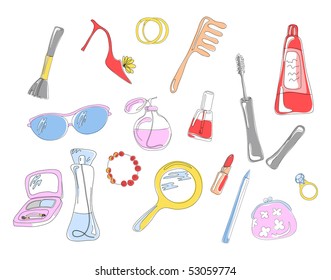 Collection of cosmetic objects and accessories, vector illustration