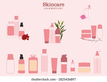 Collection of cosmetics and dermocosmetics for skin care routine. Healing agent, sunscreen, exfoliating, serum, tonic, skin cleanser, essential oil and micellar water. 
Vetorial illustration, isolated