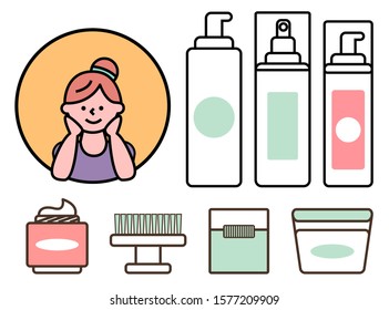 Collection of cosmetics, lotions and items for facial care and individual acne control solutions. Female character with happy and glowing face, personage designed in line style. Vector in flat
