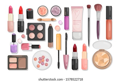 Collection of cosmetics on a white background. Makeup and face care.