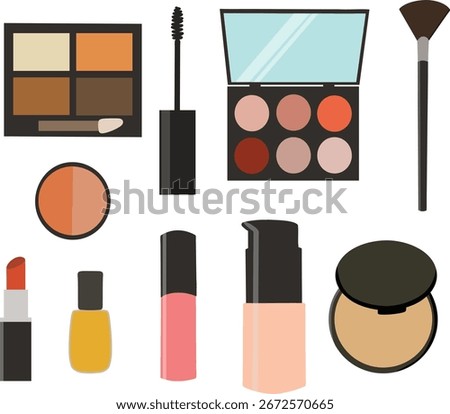 collection of cosmetics set - mascara, eyebrow, eyeshadow, makeup brush, lipstick, lipgloss, manicure, foundation, powder pact 