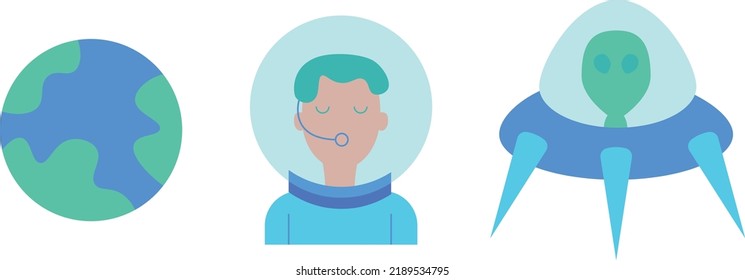 Collection of cosmic icons: alien in a spaceship or spacecraft or flying saucer, unidentified flying object or ufo, astronaut or cosmonaut in a spacesuit, planet Earth, Sphere, global isolated