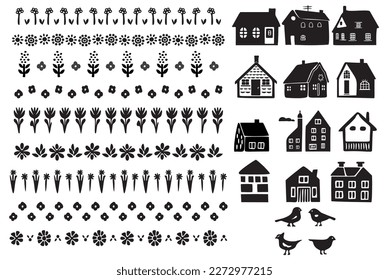 Collection of cottage house motifs in block print style. Set of homstead farm icons. 