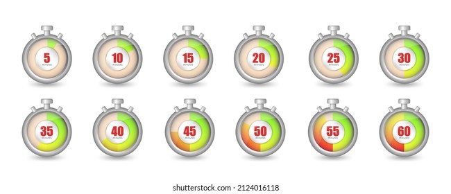 Collection of countdown timer with different time - 5, 10, 15, 20, 25, 30, 35, 40, 45, 50, 55, 60 minutes. Cartoon realistic grey stopwatches isolated on white background. 