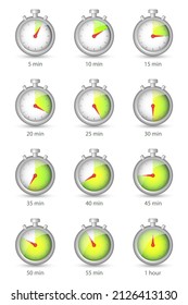 Collection of countdown timer with different time - 5, 10, 15, 20, 25, 30, 35, 40, 45, 50, 55, 60 minutes. Cartoon realistic grey stopwatches with red arrow isolated on white background. Vector EPS 10