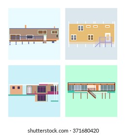 Collection of country cottages. Wooden long pile houses on beach or in forest. 