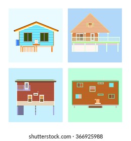 Collection of country cottages. Wooden pile houses on beach or in forest.