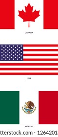 Collection of Country Flags of Mexico Canada and United States. National emblems in correct proportions. Vectors from North America continent