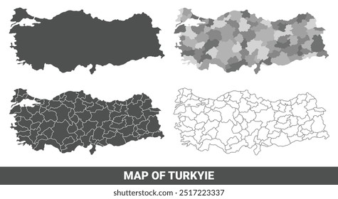 Collection of Türkiye country grey political maps set with outline border