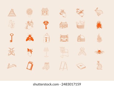Collection of country life icons. Cute house, garden harvest, cozy things. Editable vector illustration