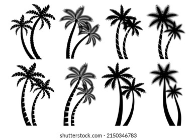 Collection couple palm trees silhouette isolated white background