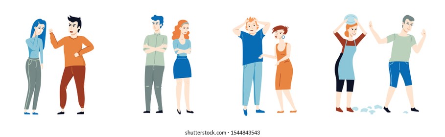 Collection of couples in conflict situations. Set of boys and girls swear, quarrel, shout at each other isolated on white background. Vector flat cartoon illustration